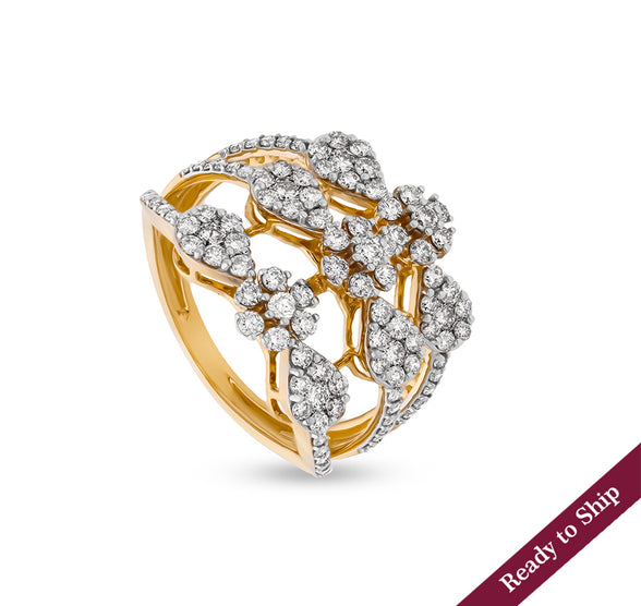 Charming Round Shape Natural Diamond With Prong Set Yellow Gold Cocktail Ring