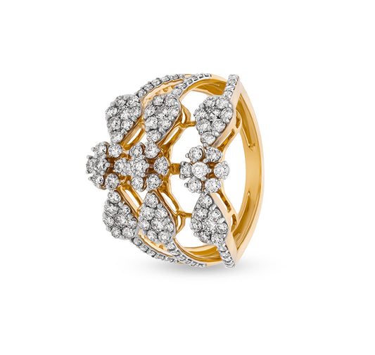 Charming Round Shape Natural Diamond With Prong Set Yellow Gold Cocktail Ring