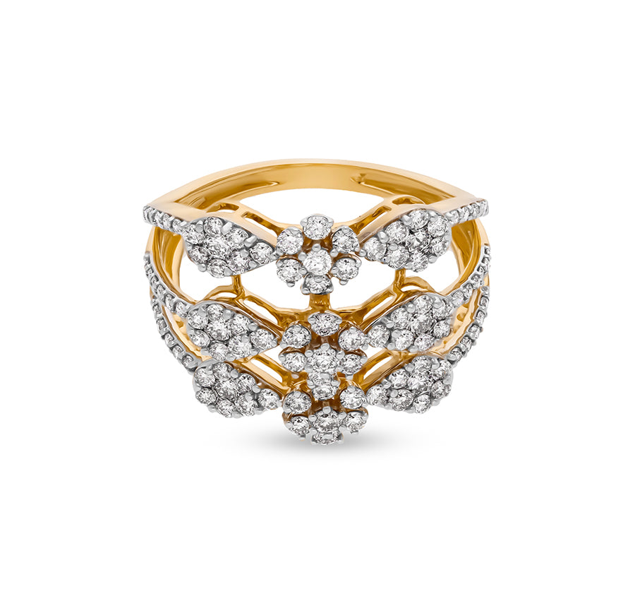 Charming Round Shape Natural Diamond With Prong Set Yellow Gold Cocktail Ring