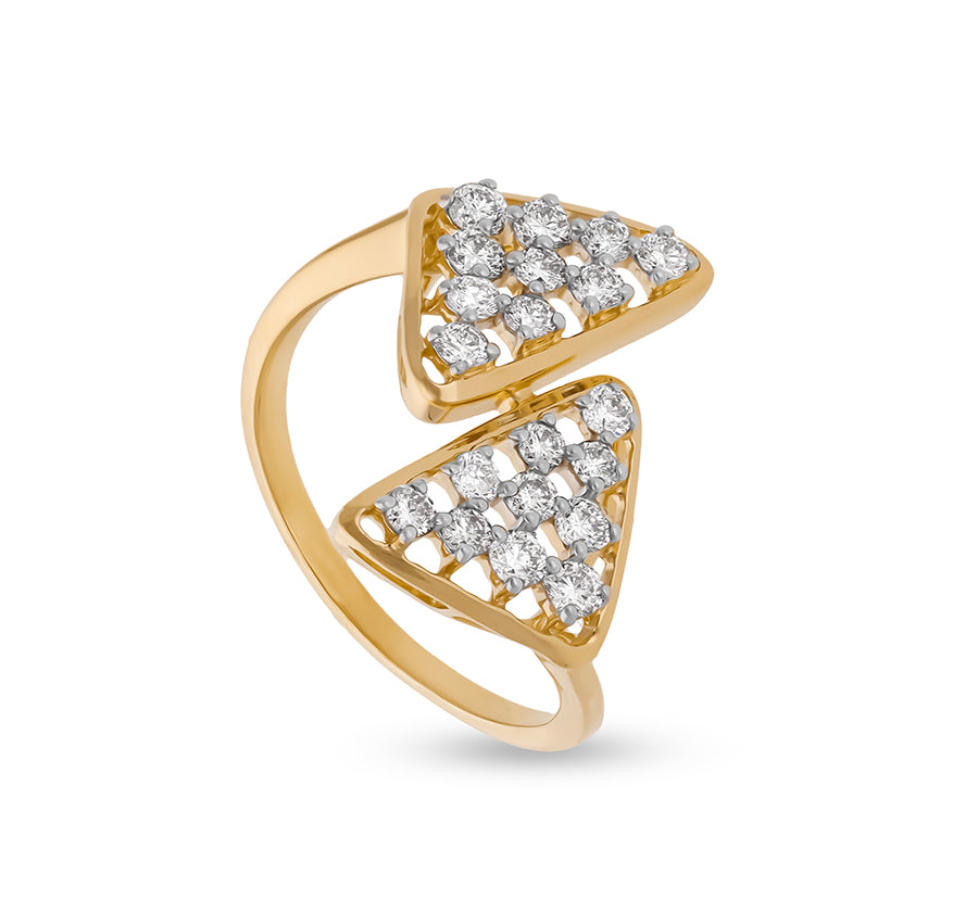 Twice Triangle Shape Round Natural Diamond With Prong Setting Yellow Gold Casual Ring