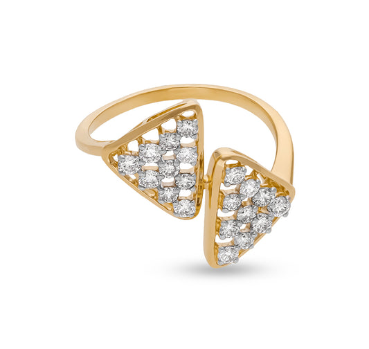 Twice Triangle Shape Round Natural Diamond With Prong Setting Yellow Gold Casual Ring
