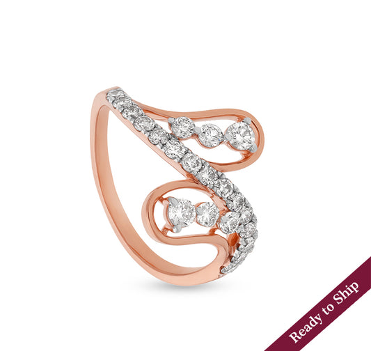 Wave Shape Round Natural Diamond With Prong Setting Rose Gold Casual Ring