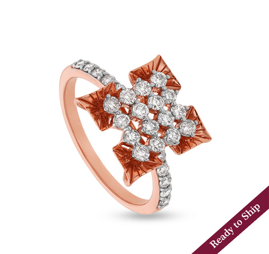 Stately Floral Shape Round Natural Diamond With Prong Set Rose Casual Ring