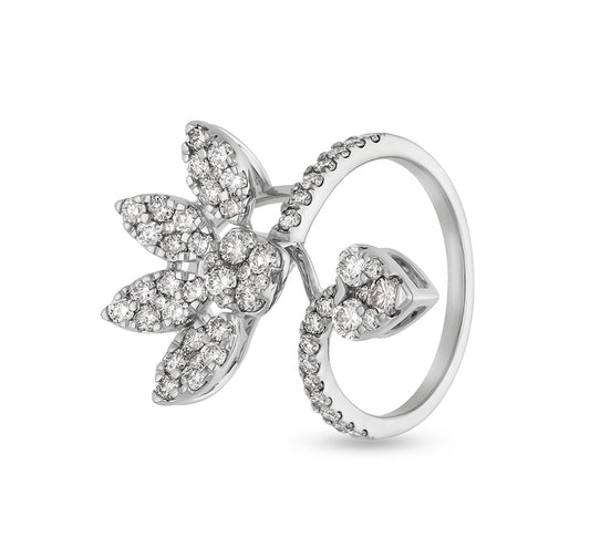 Floral Shape Round Natural Diamond With Prong Setting White Gold Cocktail  Ring