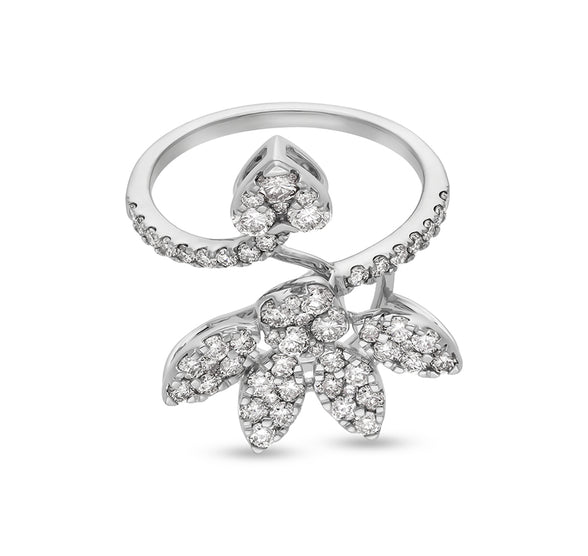 Floral Shape Round Natural Diamond With Prong Setting White Gold Cocktail  Ring