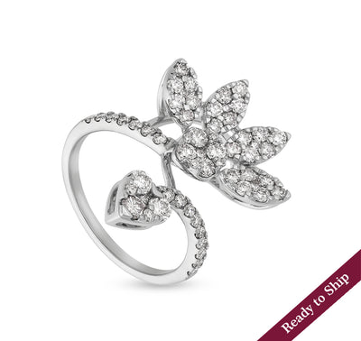 Floral Shape Round Natural Diamond With Prong Setting White Gold Cocktail  Ring