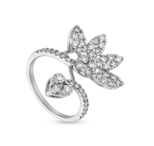 Floral Shape Round Natural Diamond With Prong Setting White Gold Cocktail  Ring