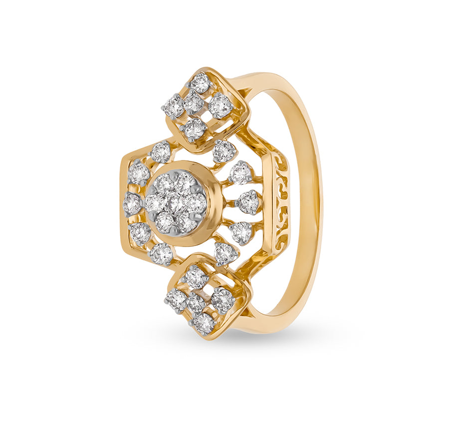 Hexagon Shape Round Natural Diamond With Prong Set Yellow Gold Cocktail Ring