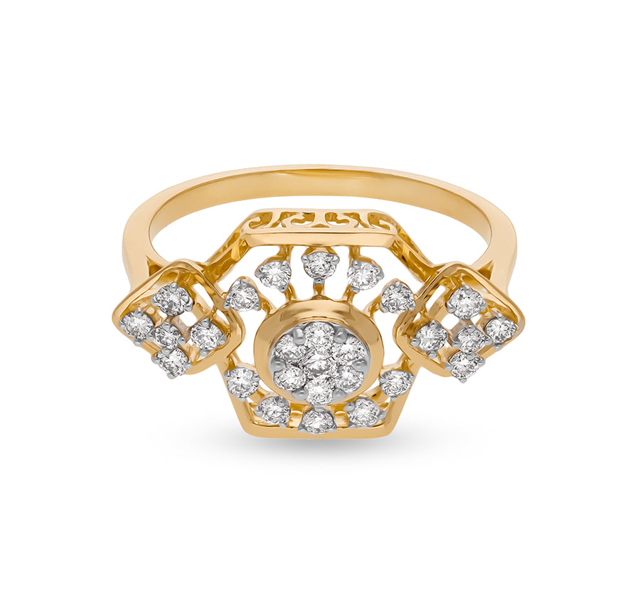 Hexagon Shape Round Natural Diamond With Prong Set Yellow Gold Cocktail Ring