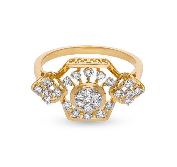 Hexagon Shape Round Natural Diamond With Prong Set Yellow Gold Cocktail Ring