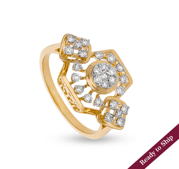 Hexagon Shape Round Natural Diamond With Prong Set Yellow Gold Cocktail Ring