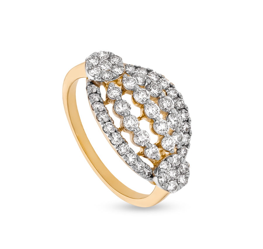 Oval Shape Side Round Pressure Setting With Prong Set Yellow Gold Casual Ring