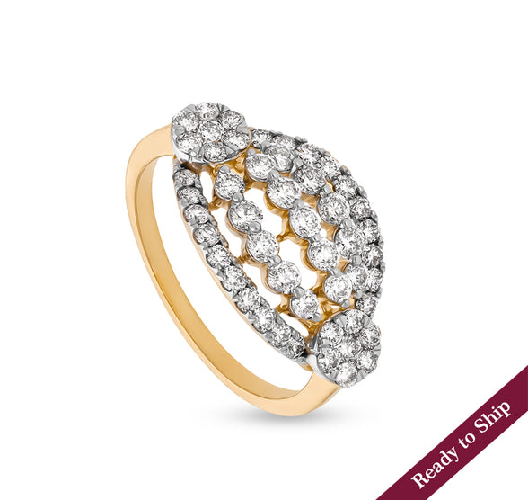 Oval Shape Side Round Pressure Setting With Prong Set Yellow Gold Casual Ring