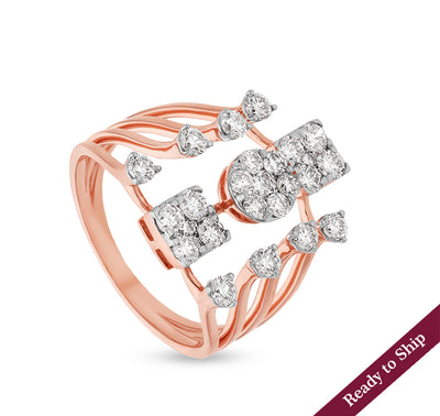 Square and Round Shape Natural Diamond With Prong Set Rose Gold Cocktail Ring