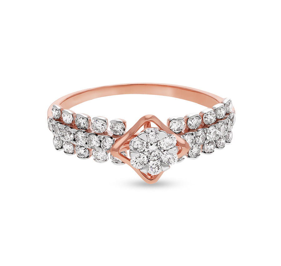 Rhombus Shape Round Natural Diamond Rose Gold Casual Ring