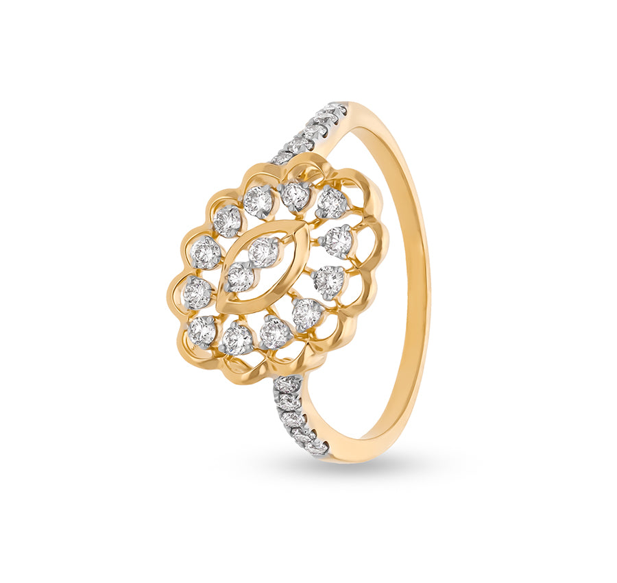 Radiant Floral Shape Round Cut Diamond Yellow Gold Casual Ring