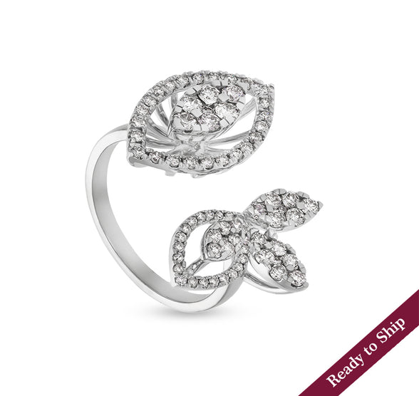 Quadruple Leave Shape Round Diamond With Prong Setting White Gold Casual Ring