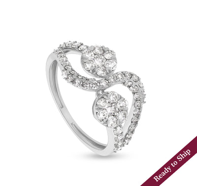 Double and Curve Shape Round Natural Diamond With Prong Set White Gold Casual Ring