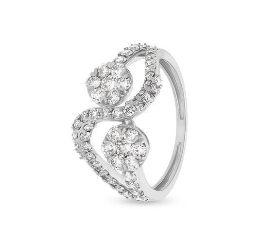 Double and Curve Shape Round Natural Diamond With Prong Set White Gold Casual Ring