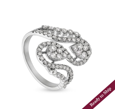 Wave Shape Round Natural Diamond With Prong Setting White Gold Cocktail Ring