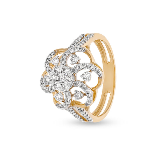 Floral Shape Round Natural Diamond Yellow Gold Engagement Ring