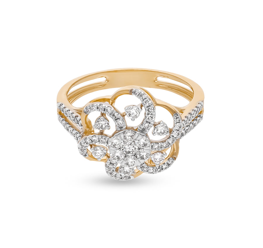 Floral Shape Round Natural Diamond Yellow Gold Engagement Ring