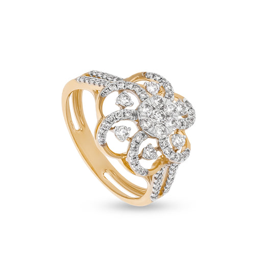 Floral Shape Round Natural Diamond Yellow Gold Engagement Ring