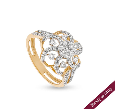 Floral Shape Round Natural Diamond Yellow Gold Engagement Ring