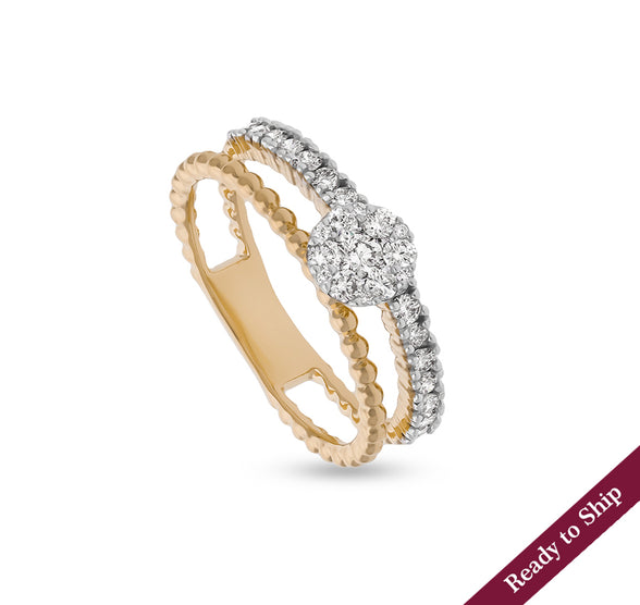 Round Shape Diamond With Romp Bubble Shank Yellow Gold Casual Ring