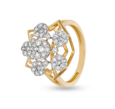 Pentagon With Floral Shape Round Natural Diamond Yellow Gold Cocktail Ring
