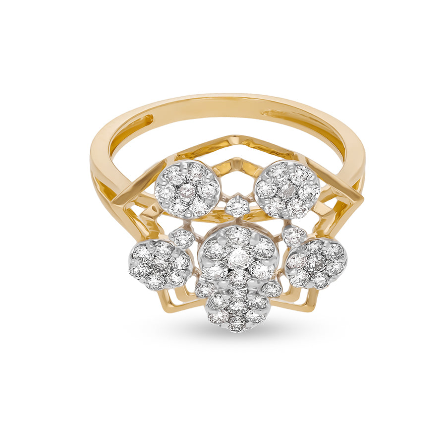 Pentagon With Floral Shape Round Natural Diamond Yellow Gold Cocktail Ring