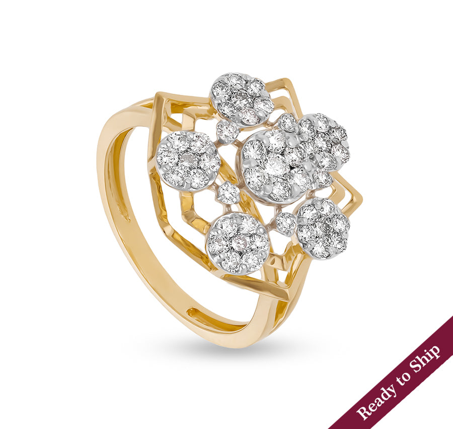 Pentagon With Floral Shape Round Natural Diamond Yellow Gold Cocktail Ring