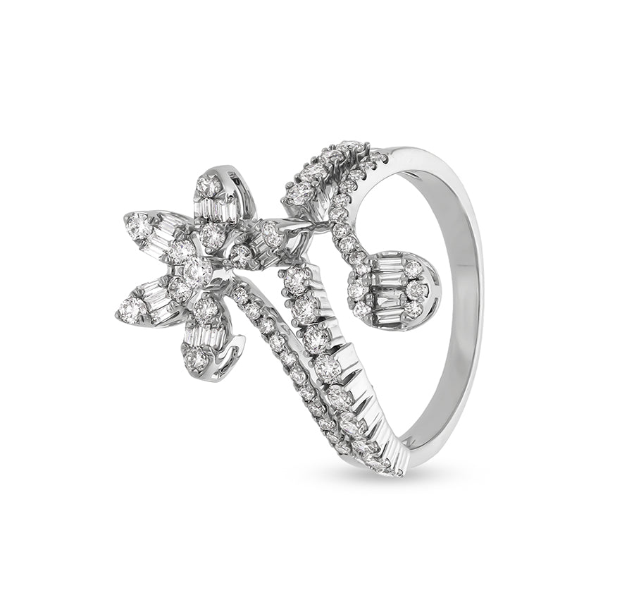 Floral Round  Natural Diamond With Prong Set White Gold Cocktail Ring