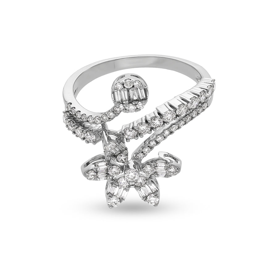 Floral Round  Natural Diamond With Prong Set White Gold Cocktail Ring
