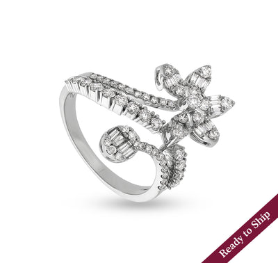 Floral Round  Natural Diamond With Prong Set White Gold Cocktail Ring