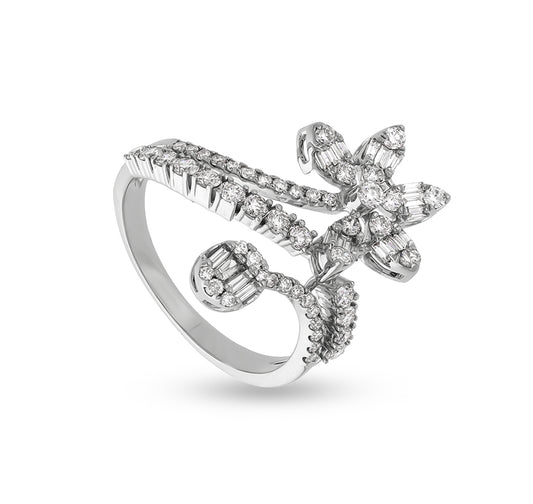 Floral Round  Natural Diamond With Prong Set White Gold Cocktail Ring