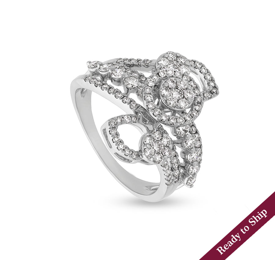 Round Shape Natural Diamond With Prong Set White Gold Cocktail Ring