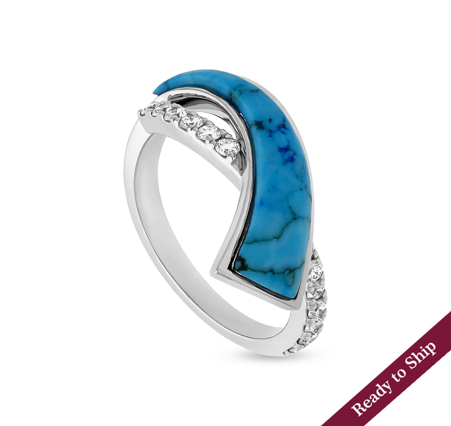 Sky Blue Turquoise Stone With Round Cut Diamonds White Gold Casual Ring