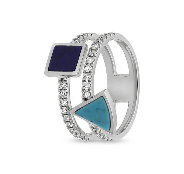 Square Lapis and Cone Turquoise Stone With Natural Diamond White Gold Casual Ring