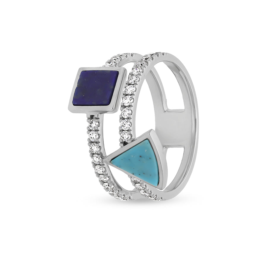 Square Lapis and Cone Turquoise Stone With Natural Diamond White Gold Casual Ring