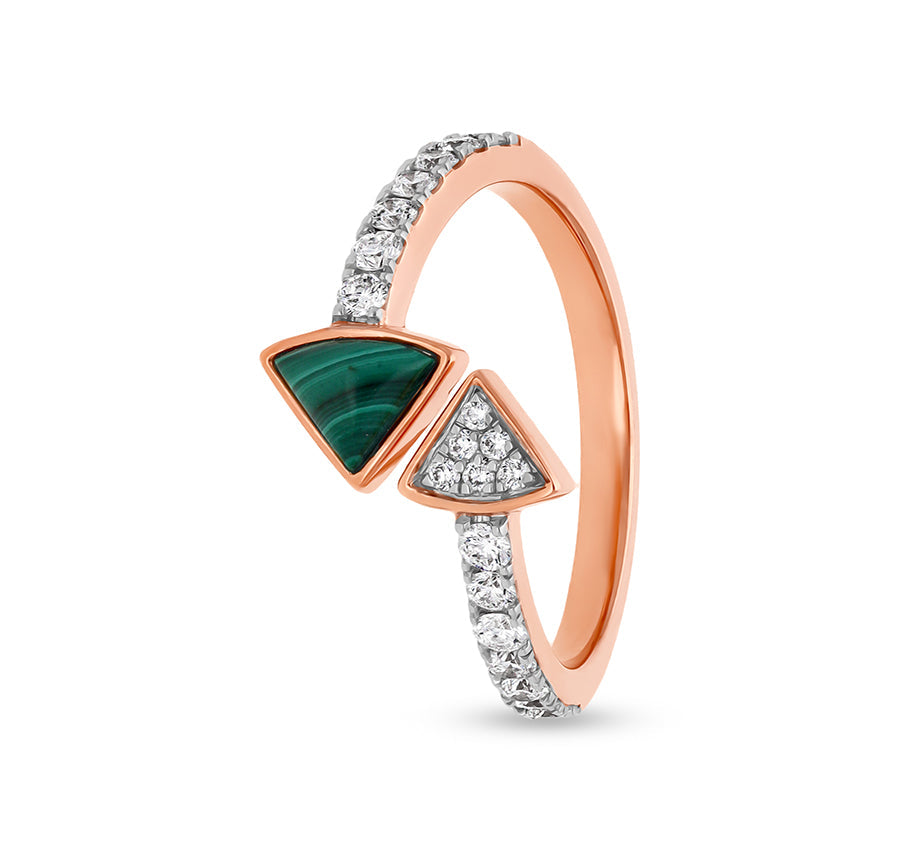 Twice Tringle Shape With Natural Green Malachite Open Band Rose Gold Casual Ring