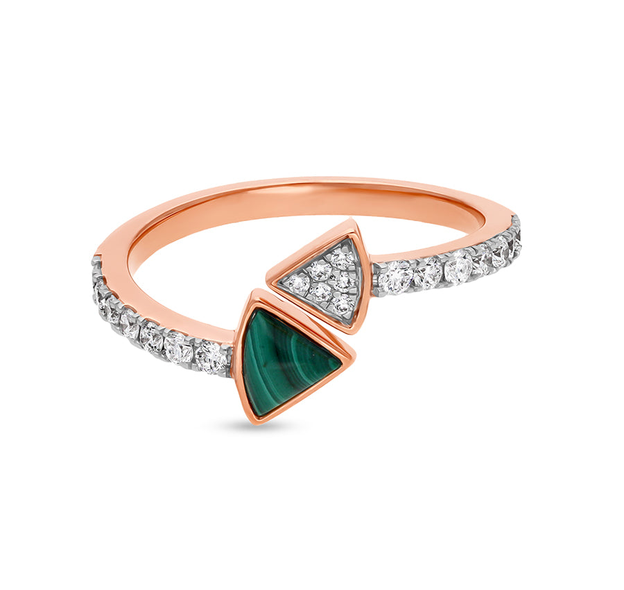Twice Tringle Shape With Green Malachite Open Band Rose Gold Casual Ring