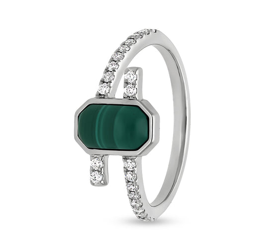 Octagonal Shape With Green Malachite Stone and Natural Diamond White Gold Casual Ring