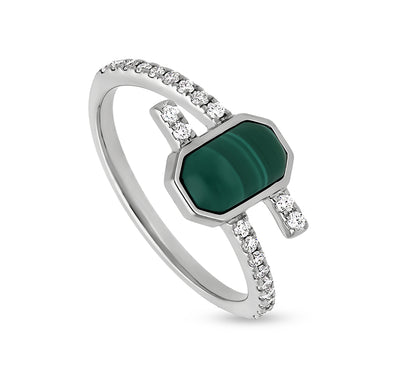 Octagonal Shape With Green Malachite Stone and Natural Diamond White Gold Casual Ring
