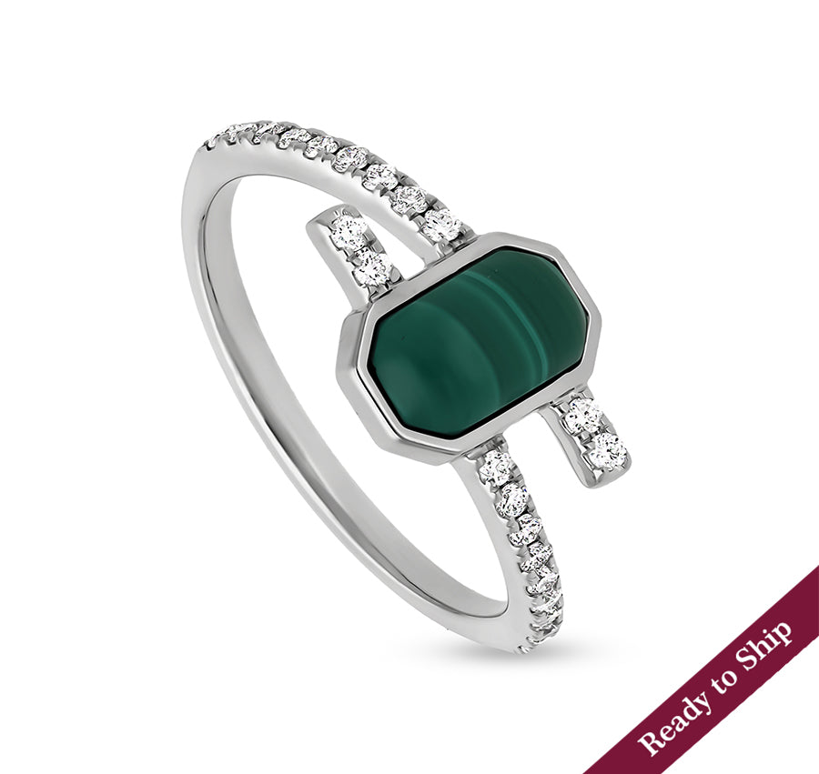 Octagonal Shape With Green Malachite Stone and Natural Diamond White Gold Casual Ring