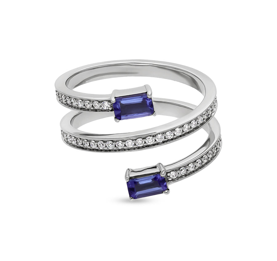 Spring Shape With Twin Blue Tanzanite Open Band White Gold Casual Ring