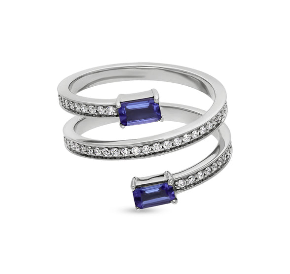 Spring Shape With Twin Blue Tanzanite Open Band White Gold Casual Ring