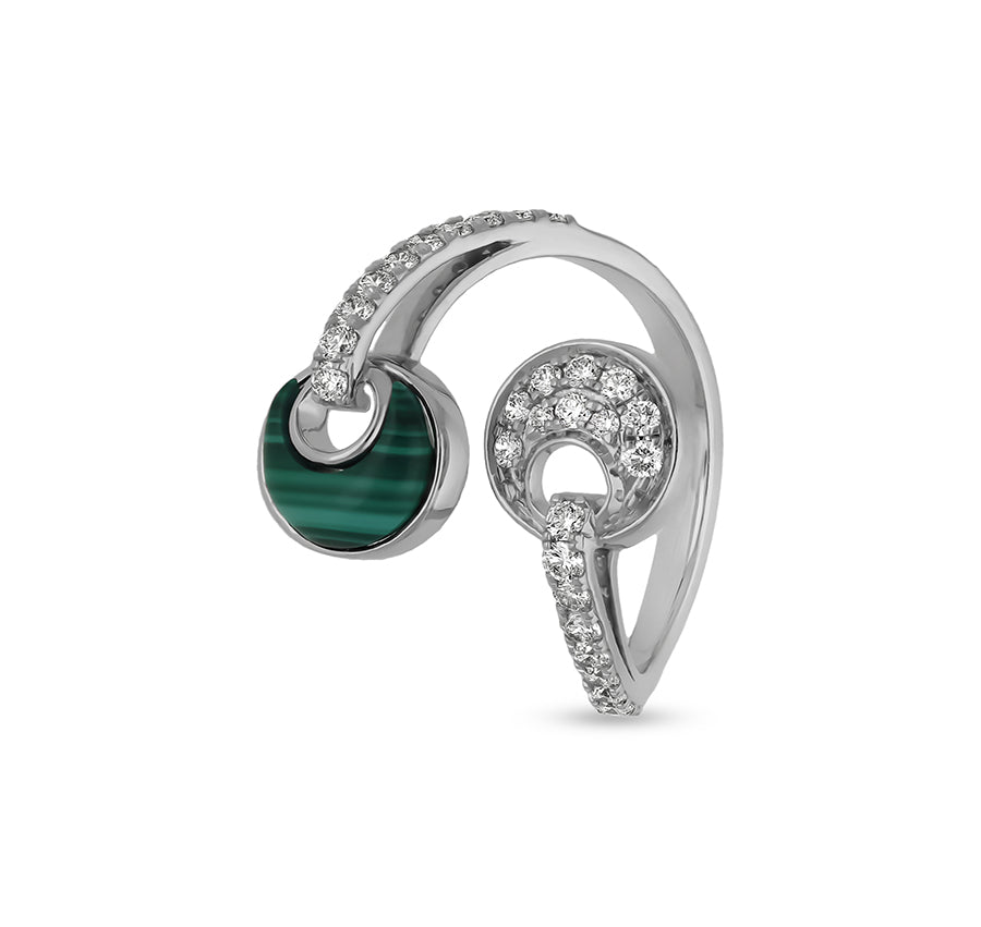 Twin Annular Shape With Green Malachite Open Band White Gold Casual Ring