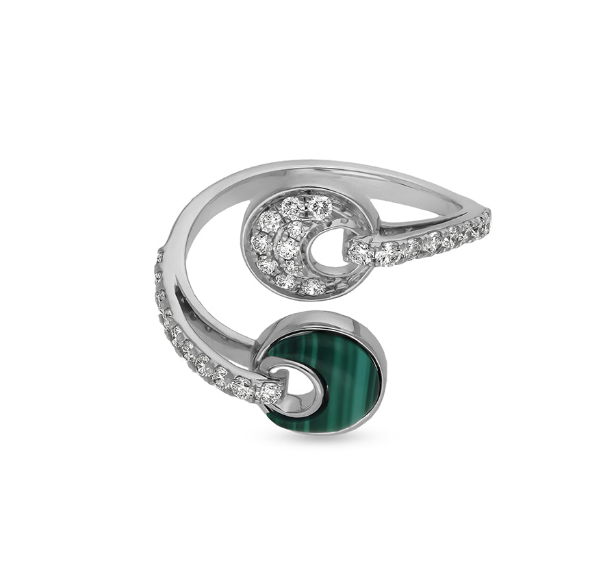 Twin Annular Shape With Green Malachite Open Band White Gold Casual Ring