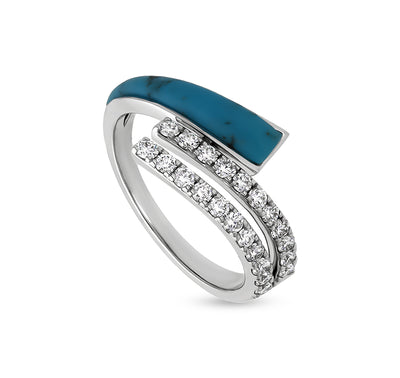 Sky Embrace Turquoise With Round Natural Diamond Wrap Around White Gold Casual Ring